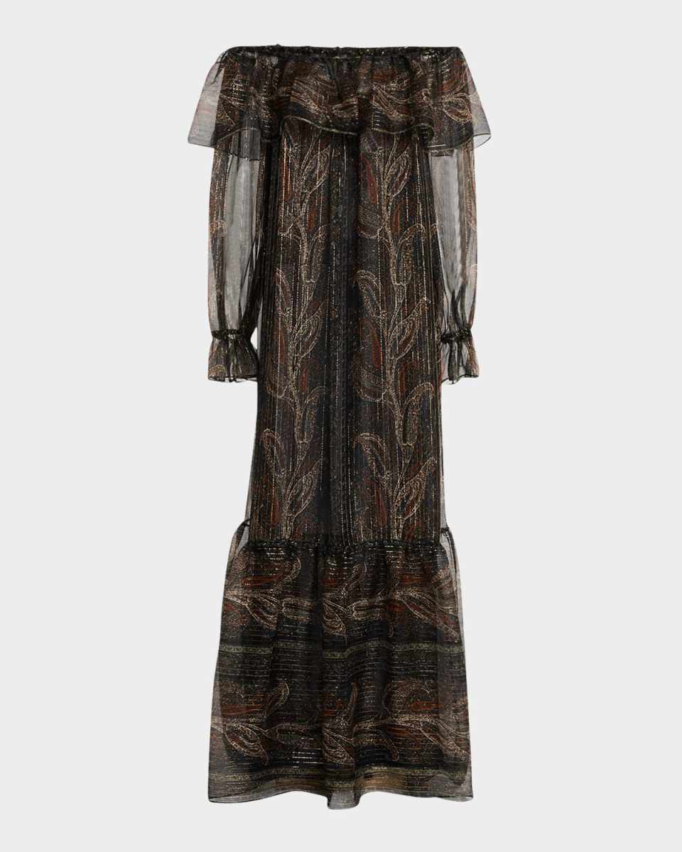 Metallic Ruffle Off-The-Shoulder Maxi Dress
